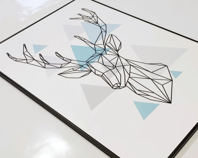 Deer Poster 051 - A geometric design featuring a deer with triangular elements in shades of blue.