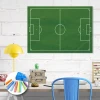 Chalkboard for coaches, soccer field design. White walls, furniture in various colors.