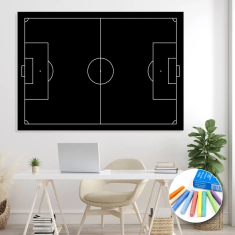 Chalkboard with football field print - Office setup with light-colored walls and modern furniture.