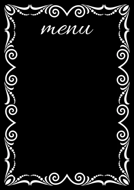 Chalkboard Menu 087 - Graphic design with black background, white decorative borders, and menu text.