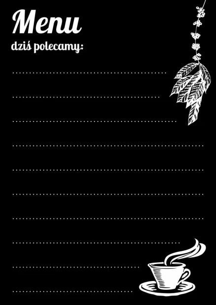Chalkboard with Menu print, featuring a black background, white text, and a cup illustration. Recommended design 038.