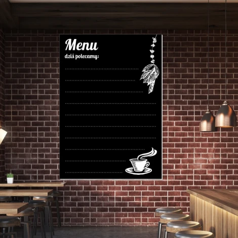 Chalkboard with Menu print, today featuring 038 - Café Arrangement. Dark bricks and wooden furniture.