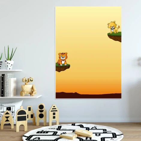 Dry-erase magnetic board for kids featuring two lions on islands with a yellow gradient background.