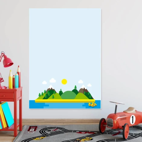 Dry-erase magnetic board for kids, featuring a paradise island design with green hills and mountains against a sky backdrop.