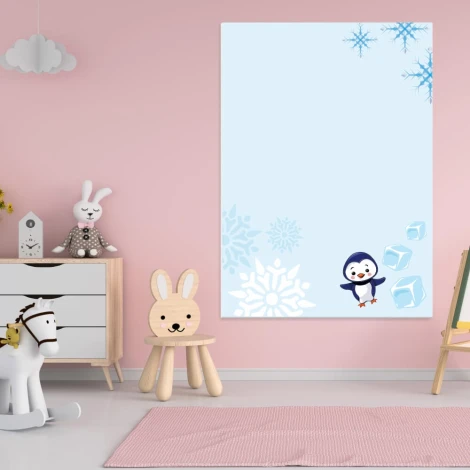 Dry-erase magnetic board for kids, penguin design, perfect for a child\'s room with pink walls and bright decor.