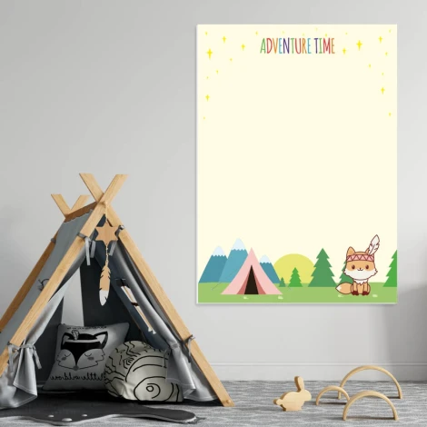 Dry-erase board for a children\'s room, featuring a camping theme. Brightly colored walls in the corner.