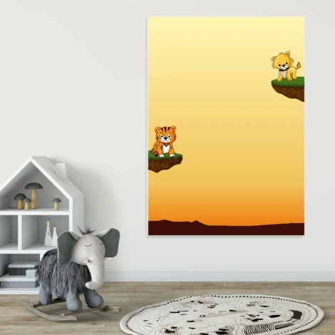 Dry-erase board for a children\'s room featuring two lion cubs against a sunset background.