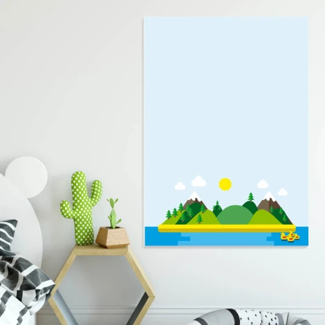 Dry-erase board for kids\' room, design features green hills, mountains, and the sun.