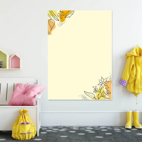 Dry-erase board for kids\' room with flowers - Brightly colored walls and furniture in the children\'s space.