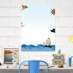 Dry-erase board for kids\' room with pirate ship design. Features a graphic of a pirate ship on waves.