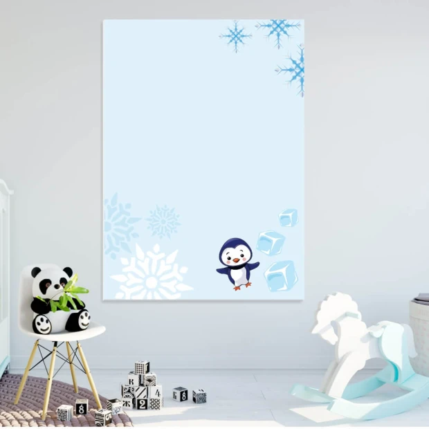Dry-erase board for kids\' room featuring a penguin design on a blue background with snowflakes and ice cubes.
