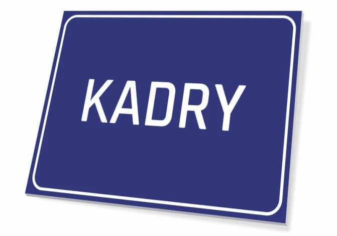 Graphic sign for "KADRY" on a simple rectangular dark blue background.