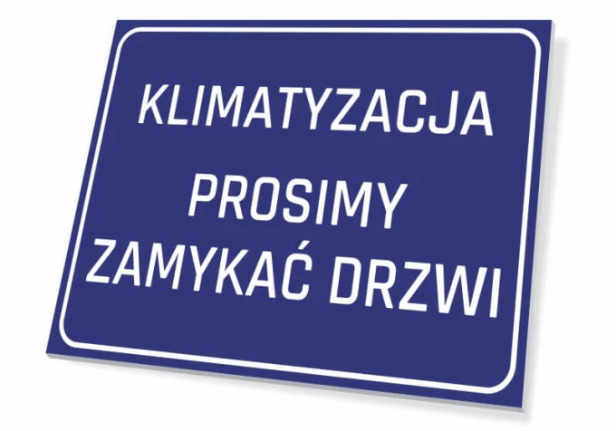Air Conditioning Please Close Door Sign - Simple rectangular sign with blue background and white text.