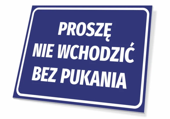 Please do not enter without knocking sign - Rectangular sign with blue background and white text.