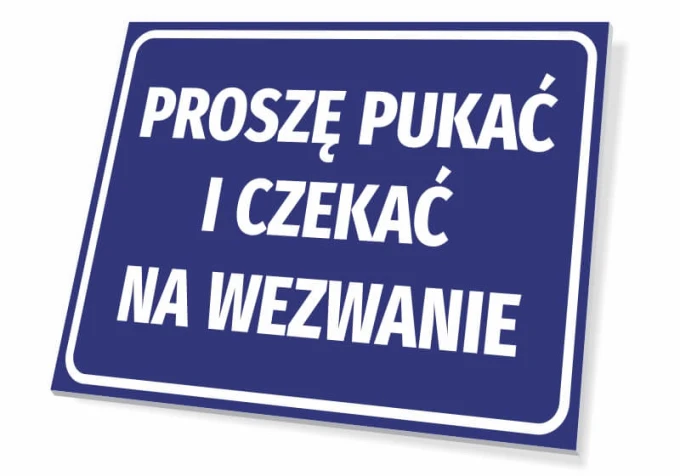 Please knock and wait for a call - Graphic design. Blue background with large white text.