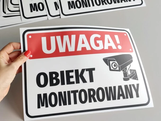 Warning: Monitored Area Sticker - Red text on white background with camera graphic.
