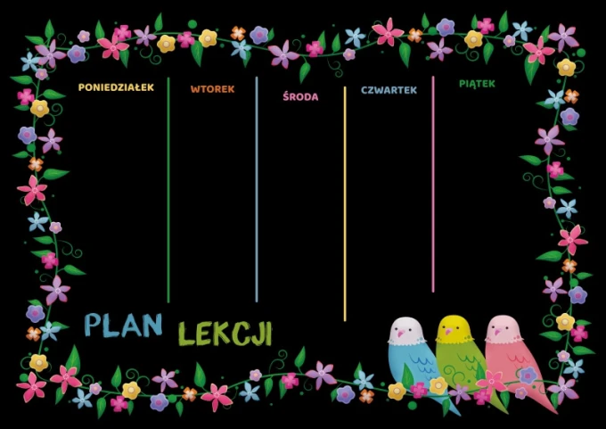 Chalkboard for kids lesson plan 094 - Graphic design with a black background, colorful flowers, and three birds.