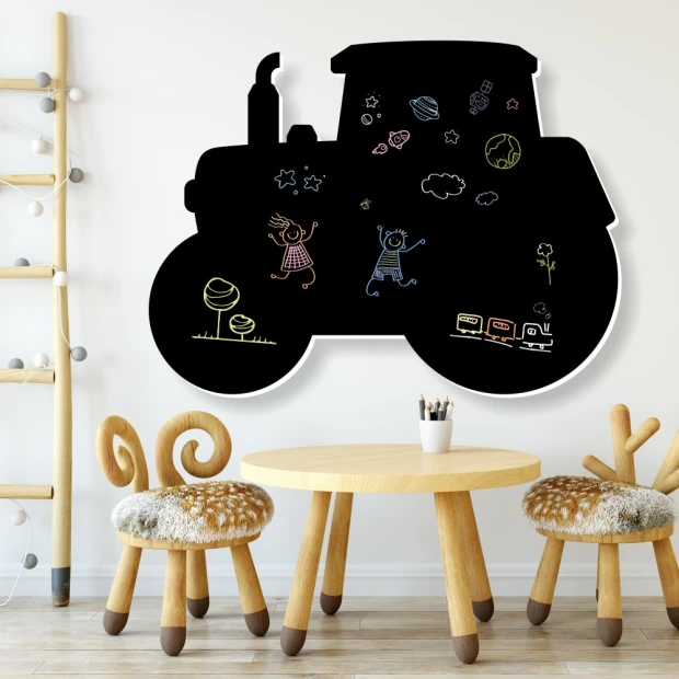 Chalkboard for kids in tractor design, perfect for a bright children\'s room with wooden furniture.