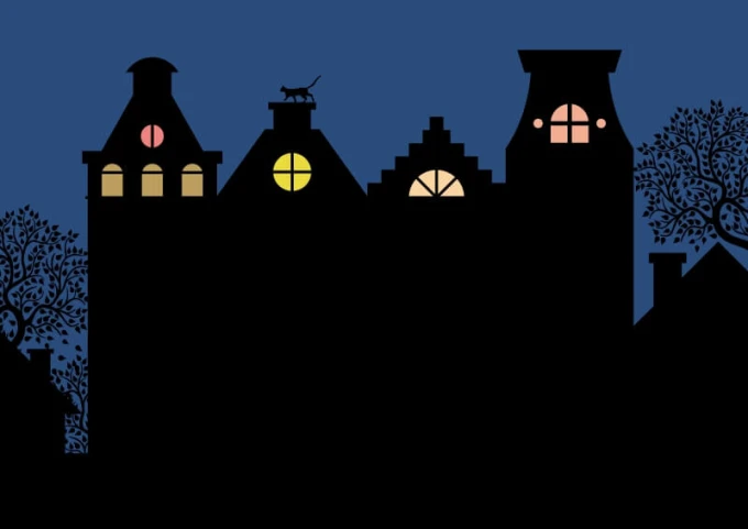 Chalkboard for kids with house print 093 - Graphic design featuring silhouettes of houses with windows in various styles.