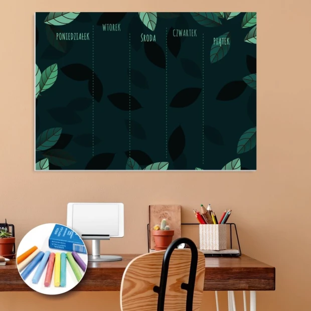 Chalkboard with weekly planner print 095 - Office arrangement. Light brown walls, minimalist furniture.