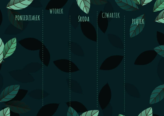 Chalkboard with weekly planner print 095 - Graphic design featuring leaves in various shades of green on a dark background.
