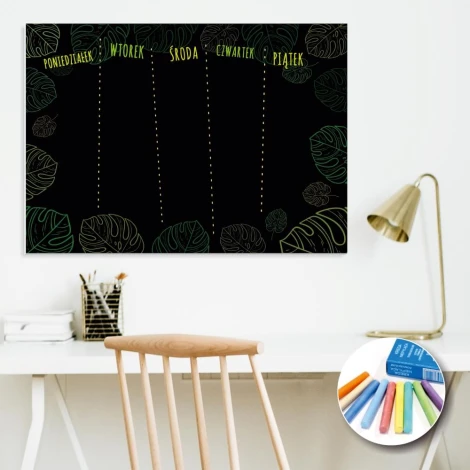 Weekly planner chalkboard with a printed design, ideal for office decor with light walls and wooden furniture.