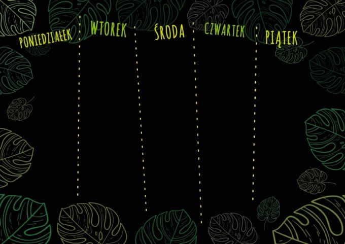 Weekly planner chalkboard with a graphic design. Black background with green leaves and white lines.