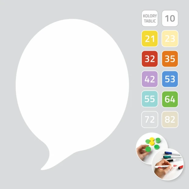 Magnetic whiteboard for office in speech bubble shape with space for notes and colorful design.