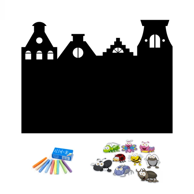 Chalkboard magnetic board for kids featuring house shapes with windows and doors, includes colorful magnets.