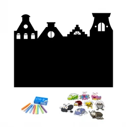 Chalkboard magnetic board for kids featuring house shapes with windows and doors, includes colorful magnets.