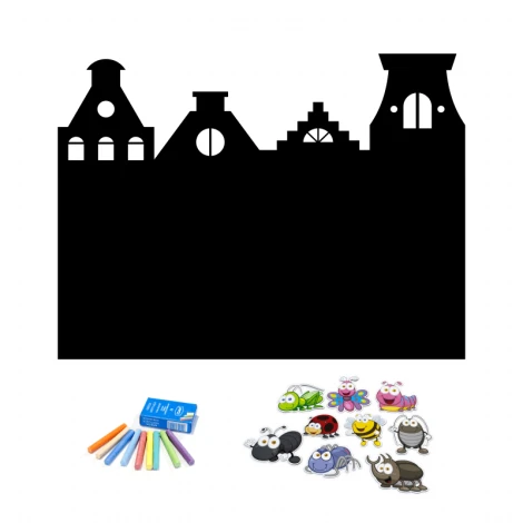 Chalkboard magnetic board for kids featuring house shapes with windows and doors, includes colorful magnets.