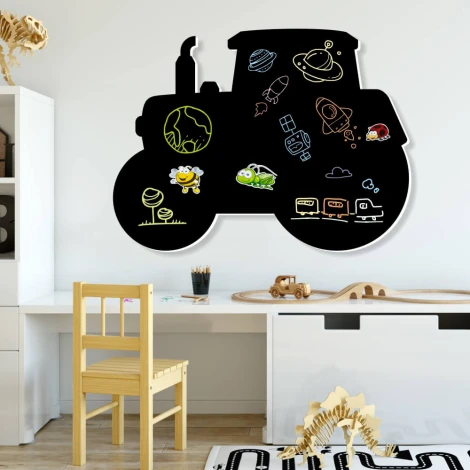 Chalkboard magnetic board for kids featuring a tractor design with drawings of planets, insects, and rockets.