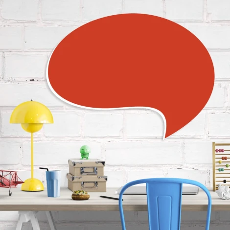 Dry-erase magnetic board for kids, featuring a smoke design. Ideal for office decor with white walls and yellow furniture.