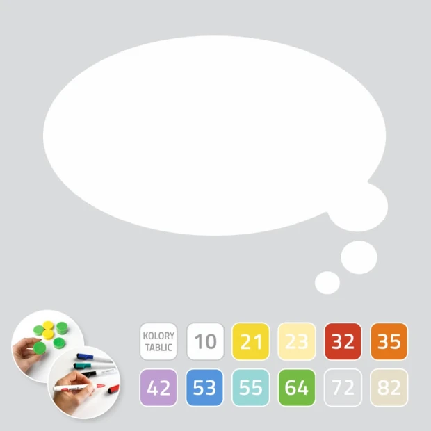 Dry-erase magnetic board for office with graphic design. Oval shape with speech bubble, features color options.