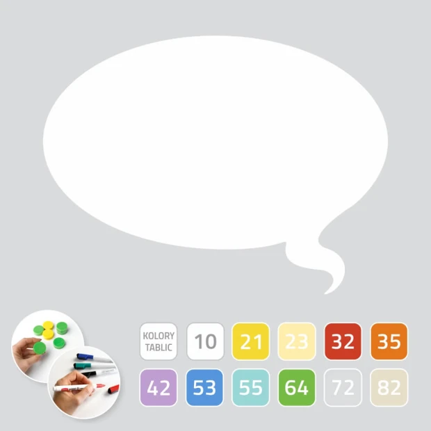 Dry-erase magnetic board in speech bubble shape with colorful circles, perfect for office use.