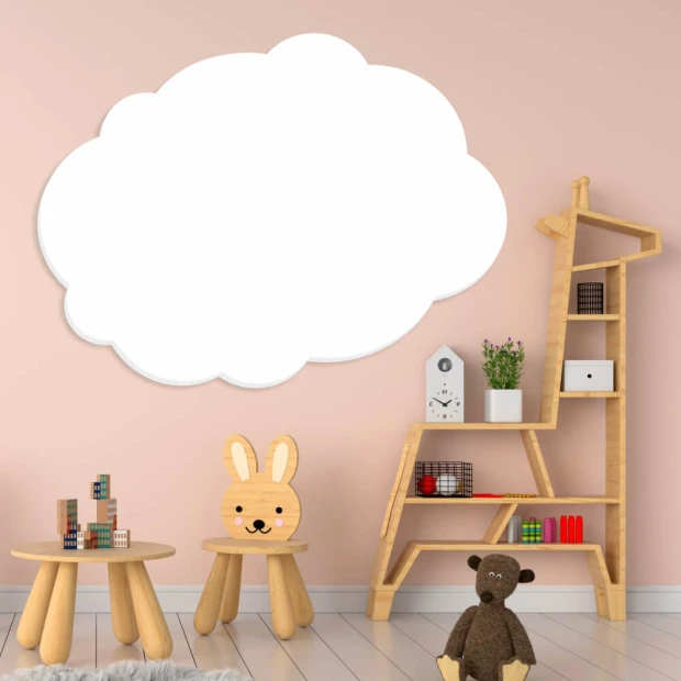 Dry-erase magnetic board in cloud shape for kids\' room - perfect for decorating children\'s spaces.