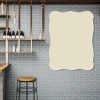 Dry-erase magnetic board for pub menu 359 - Pub decor with gray brick walls, wooden shelves, and bar.