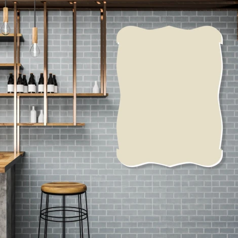 Dry-erase magnetic board for pub menu 359 - Pub decor with gray brick walls, wooden shelves, and bar.
