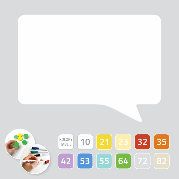 Dry-erase magnetic board in speech bubble shape with a white background and colorful circles.