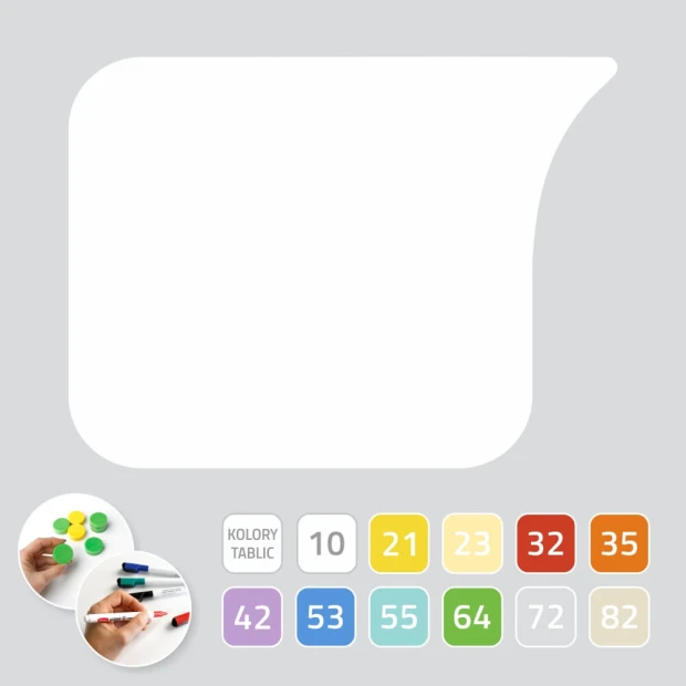 White rounded dry-erase magnetic board with a graphic design and a cutout at the top.