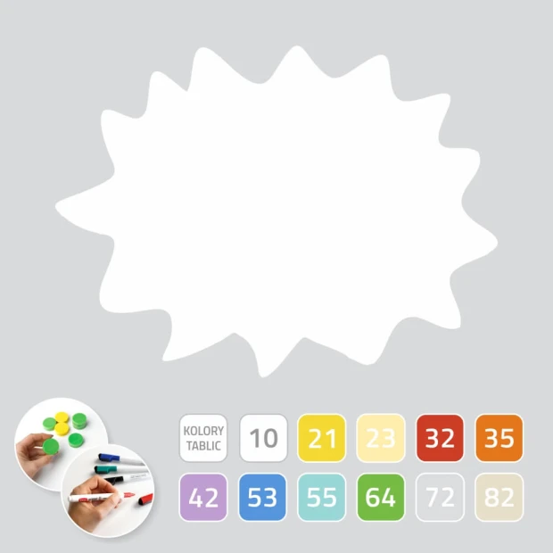 Dry-erase magnetic wall board in speech bubble shape with clear contours and graphic design.
