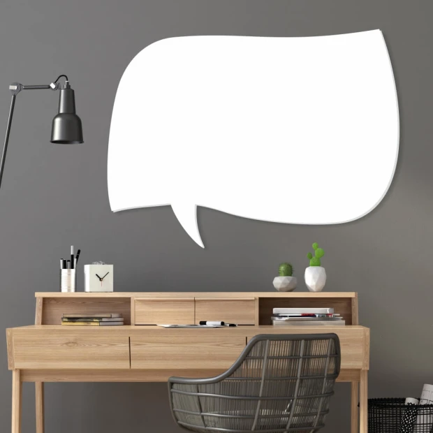 Dry-erase magnetic board for wall use, styled in an office with a dark wall and light furniture.