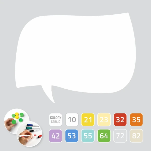 Dry-erase wall-mounted magnetic board in speech bubble shape with rounded edges. Available in various colors.