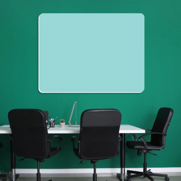 Rectangular magnetic whiteboard with rounded corners 065 - Office setup. Walls in green color.