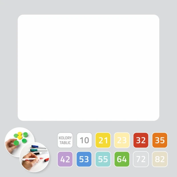Rectangular magnetic whiteboard with rounded corners 065 - Graphic design. White surface with colorful accents.