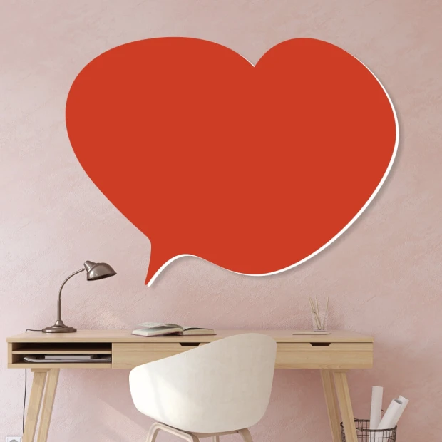 Heart-shaped dry-erase magnetic board 406 - Office setup with light pink walls and wooden furniture.