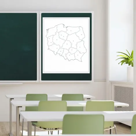 Magnetic dry-erase contour map of Poland 11 - Classroom setup with light walls and green chairs.