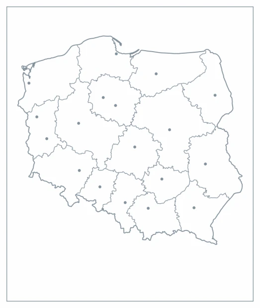 Magnetic dry-erase overlay of Poland with province outlines and key points.
