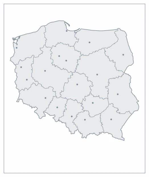 Magnetic dry-erase overlay of Poland, featuring province outlines and key locations.