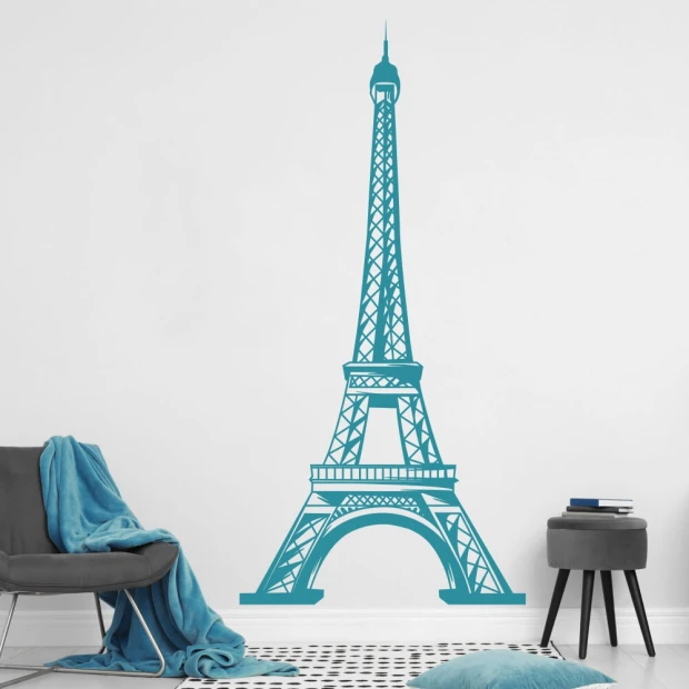 Stylish turquoise Eiffel Tower sticker, perfect for a modern living room or cozy space.